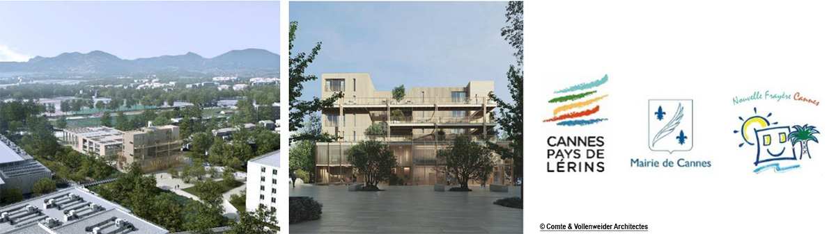 Modèle 3D - Vue aérienne du projet « Bâtiment Sport-Santé » à gauche et de la façade du pôle santé et de la pharmacie surplombée par les logements à droite - photos non-contractuelles © Comte & Vollenweider Architectes